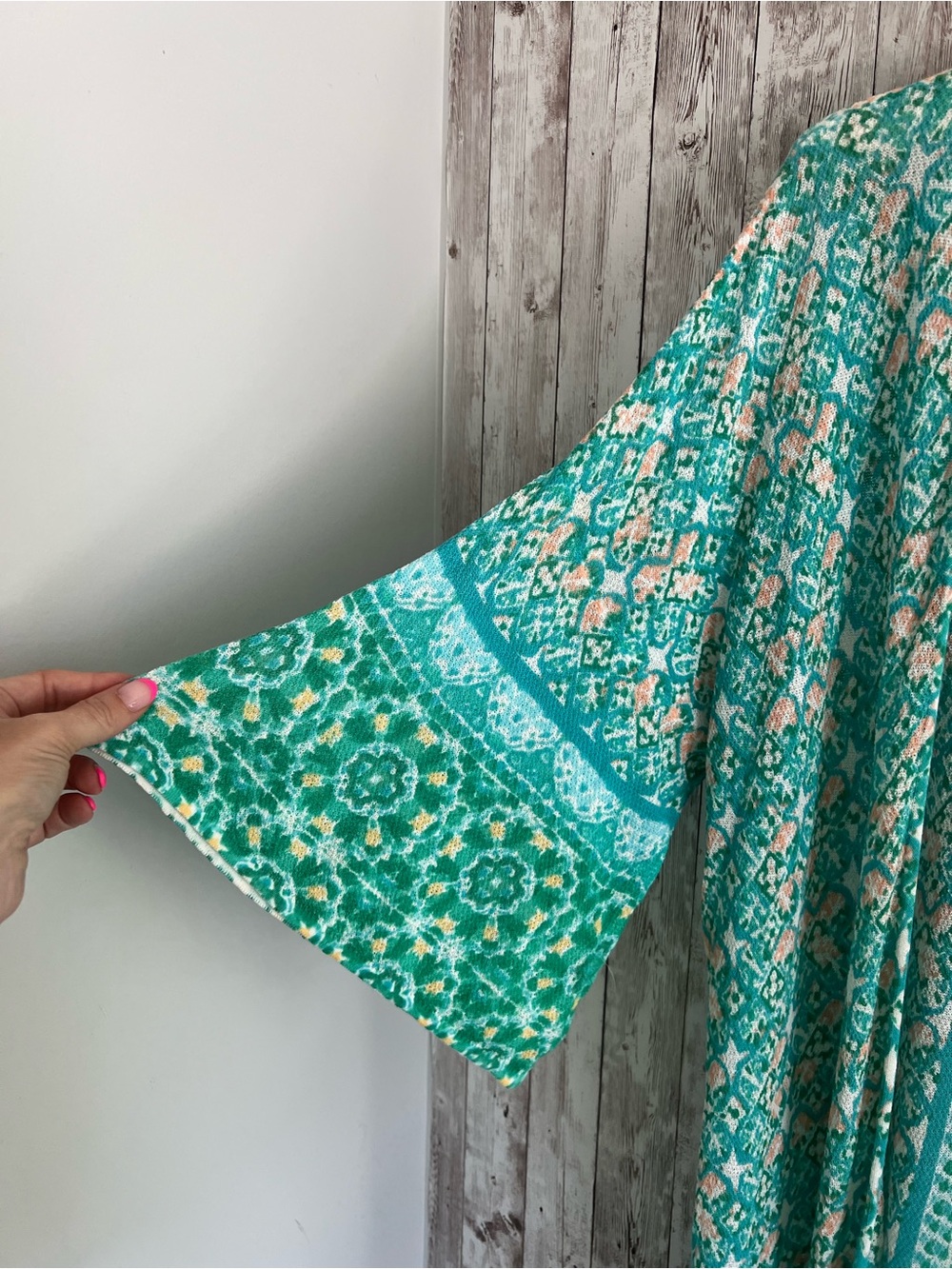 Chico's Teal Floral Open-Front Tile Cardigan Kimono Coverup 3/4 Sleeve - Picture 3 of 6
